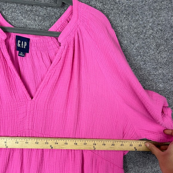 NEW $69 GAP Gauze Tiered Midi Dress Pink V Neck Short Sleeve Cotton XL - Picture 4 of 9